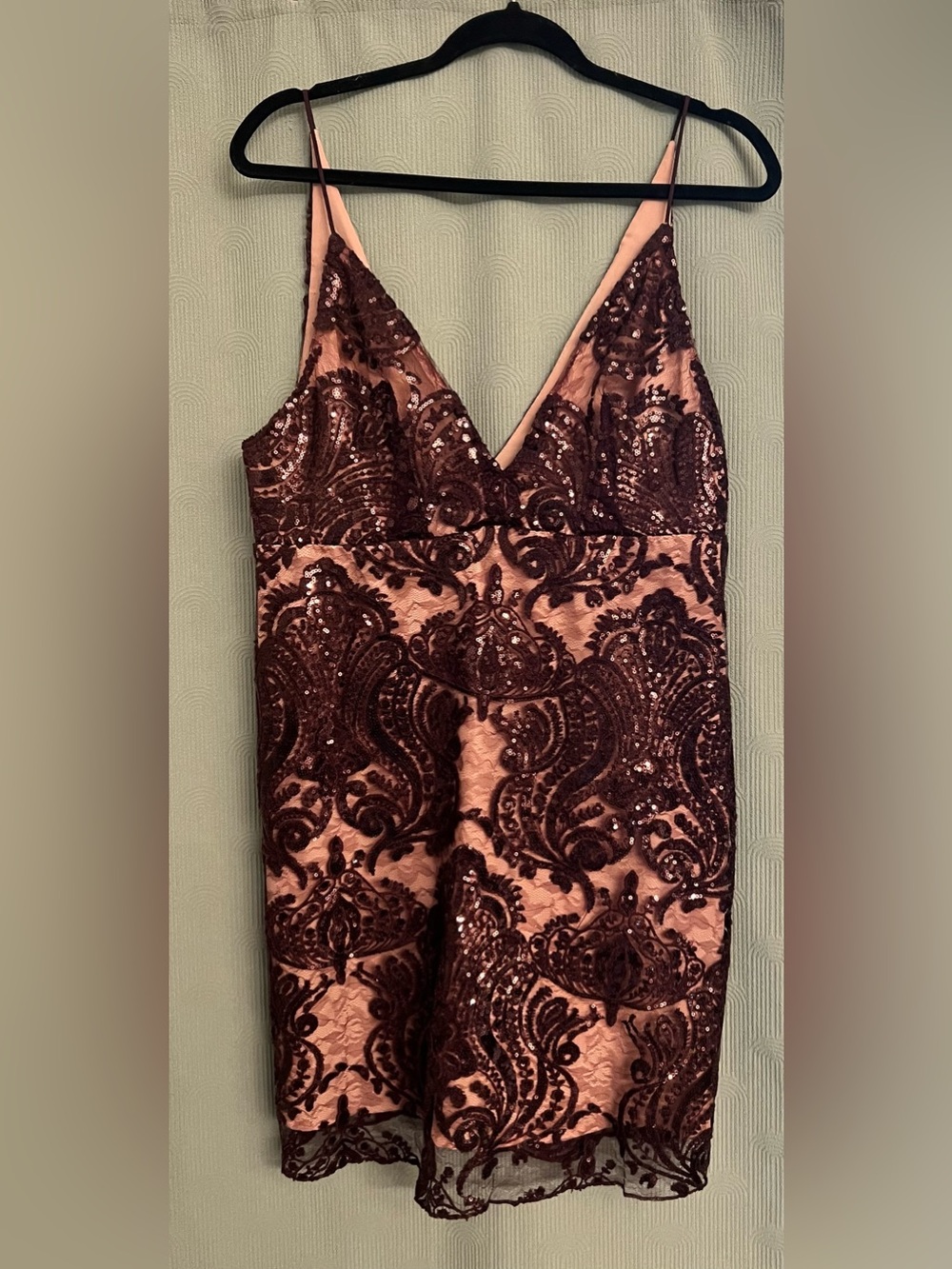 Free People Sequined Lace V-Neck Slip Dress in Burgundy and Nude